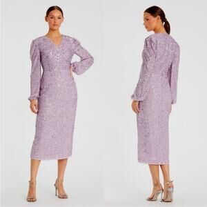 Mac Duggal 107641 Purple Sequined Illusion Puff Sleeve V Neck Midi Dress Size 6